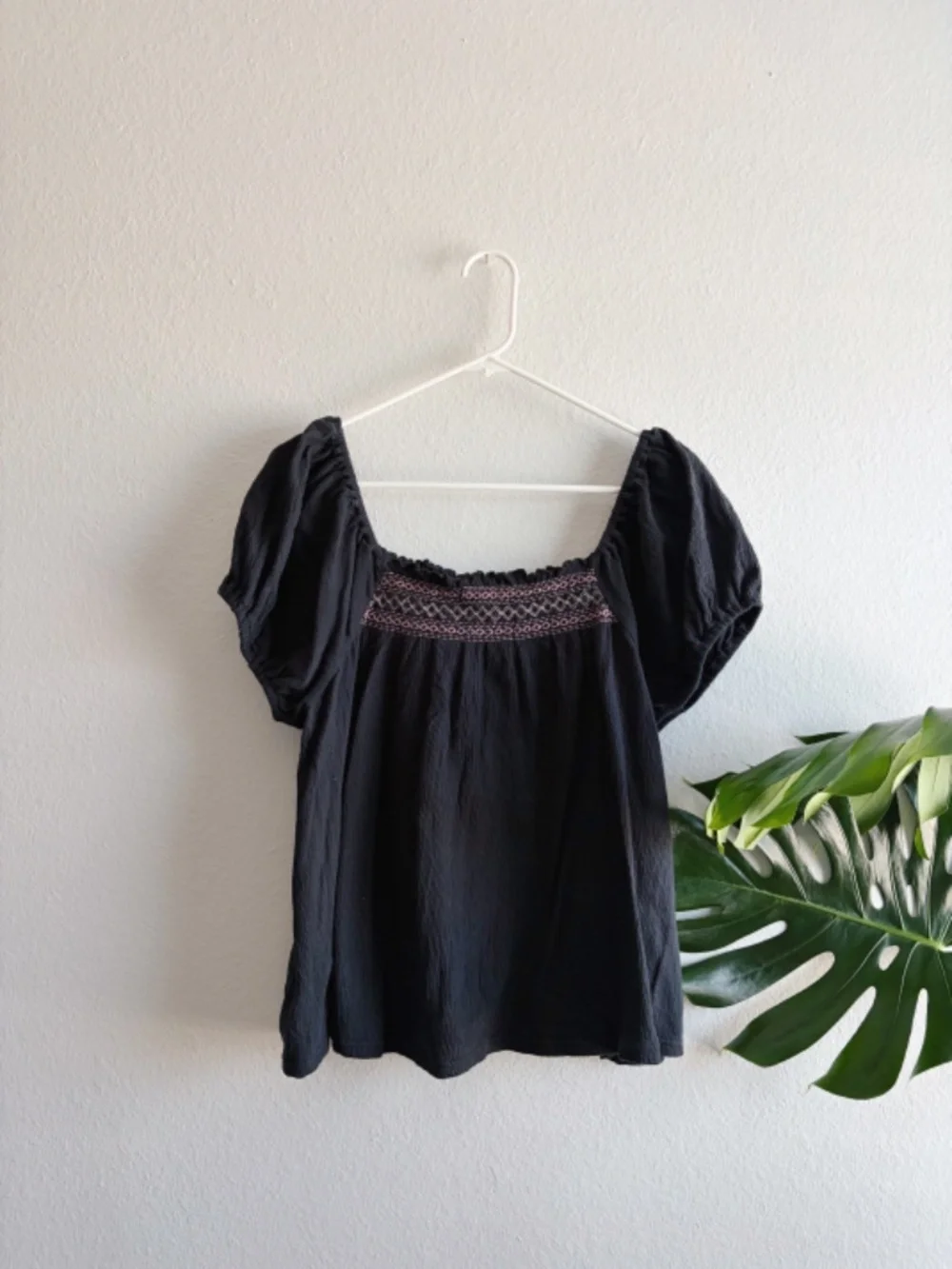 Madewell Black and Pink Embroidered Summer Peasant Blouse